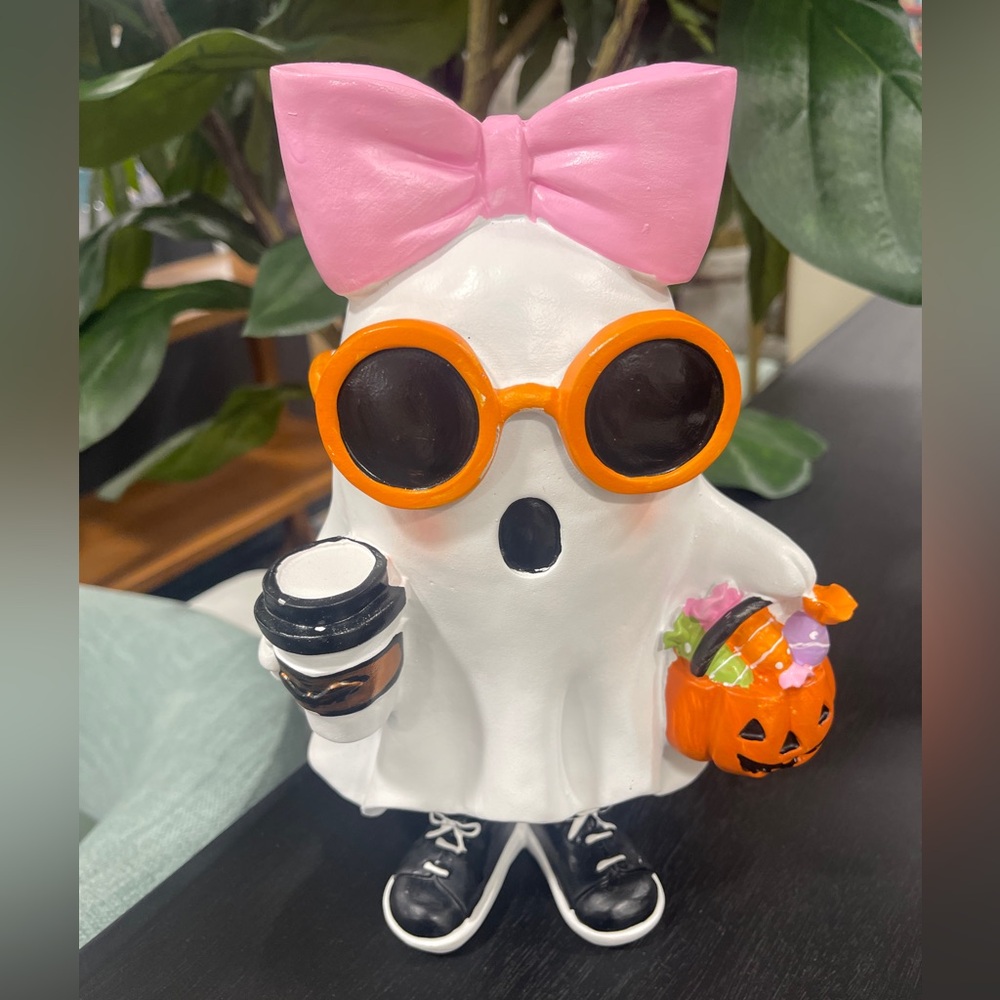 Pink Halloween Ghost Girl w/Pink Bow & Coffee Trick or Treat Resin Figure NWT